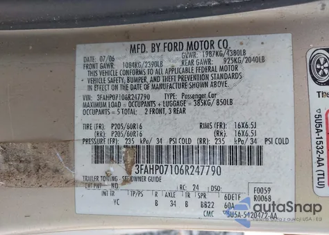 2006 Ford Fusion Se z USA, uszkodzony, nr VIN 3FAHP07106R247790